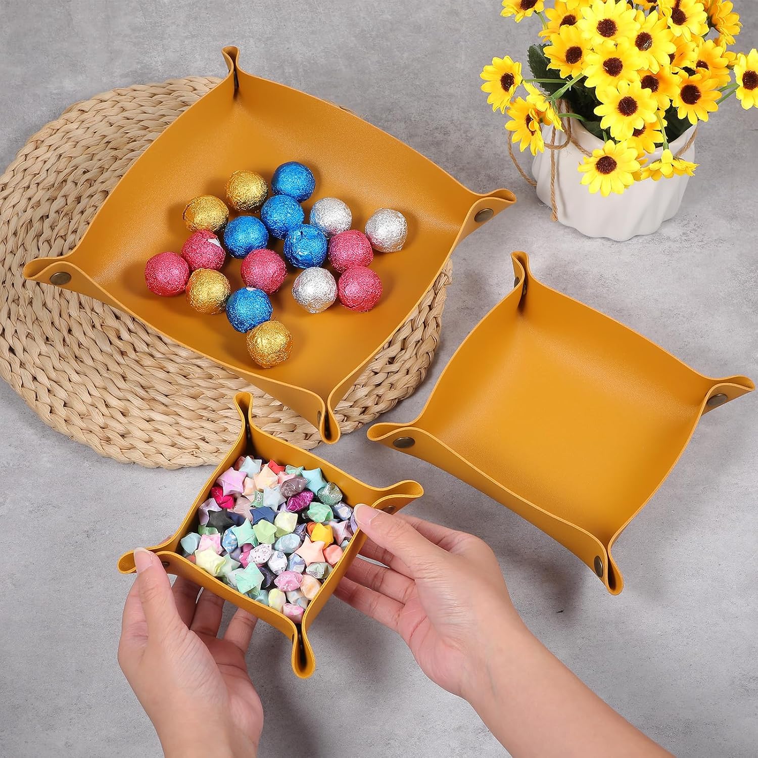 12pcs Leather Jewelry Tray for Keys and Wallet, Folding PU Leather Tray Organizer for Travel, Home or Office, Set in 3 Sizes and 4 Colors- Beige/Yellow/Brown/Black
