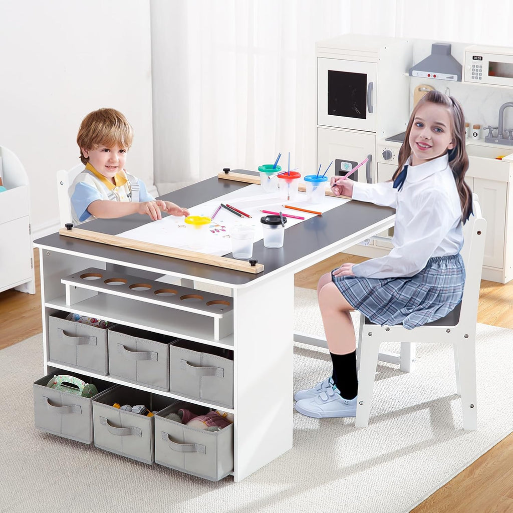 4-in-1 Kids Art Table and 2 Chairs Set, Wooden Activity Desk with Storage Bins, Art Easel, Drawing & Study Table for Toddlers, Multi-Functional Children’s Furniture for Home, Playroom, Black