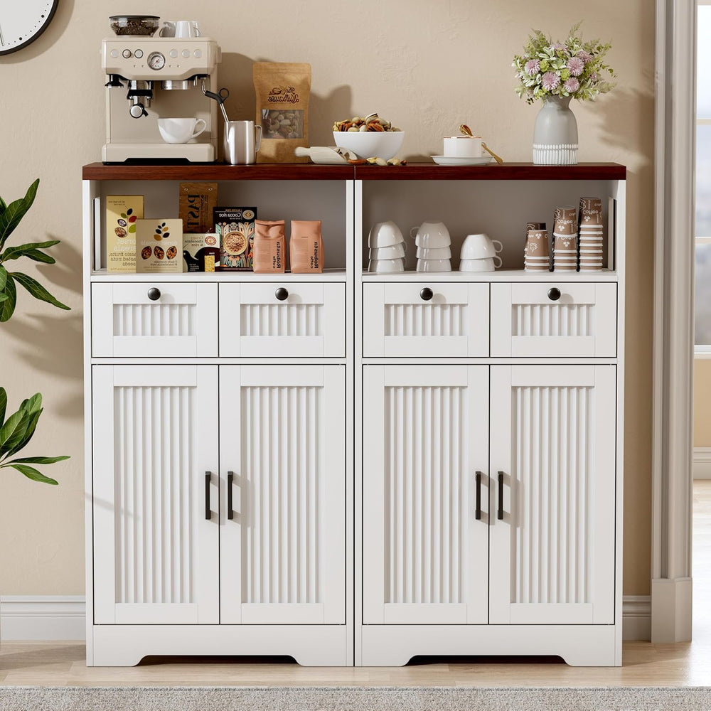 Buffet Cabinet, Fluted Sideboards with 2 Drawers and Doors, Open Compartment ...