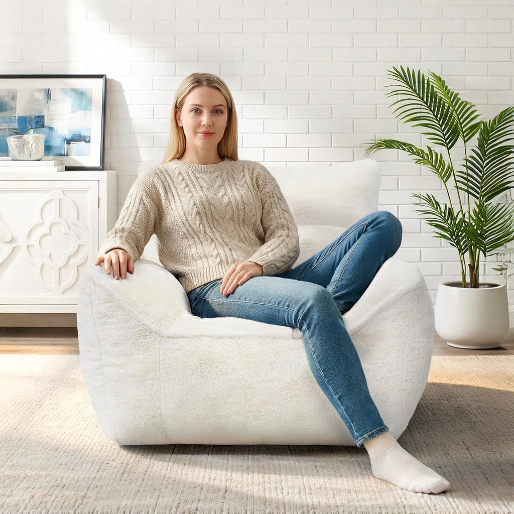 Cvortll Bean Bag Chair, Bean Bag Sofa, Faux Fur Bean Bag Chairs,with armrests and a Sturdy backrest, Suitable for Apartments, Living Rooms, bedrooms, Games, Reading (White)