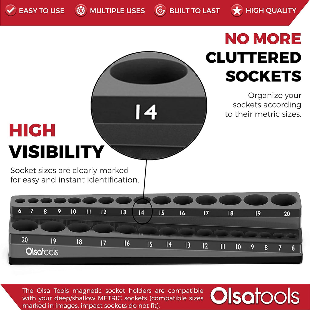 Olsa Tools Magnetic Socket Holder | 3/8-inch Drive | Metric | Black | Holds 30 Sockets | Professional Quality Tools Organizer