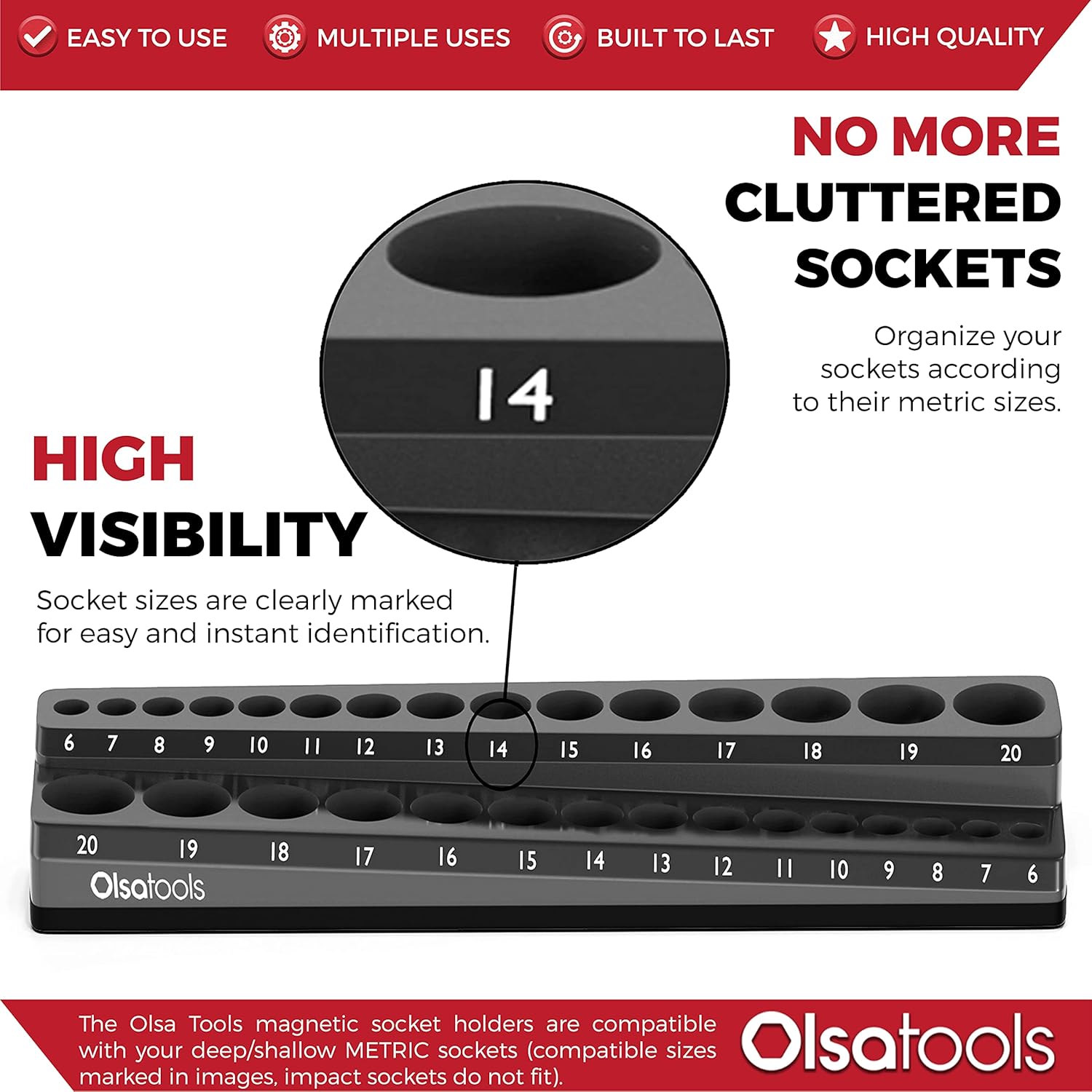 Olsa Tools Magnetic Socket Holder | 3/8-inch Drive | Metric | Black | Holds 30 Sockets | Professional Quality Tools Organizer