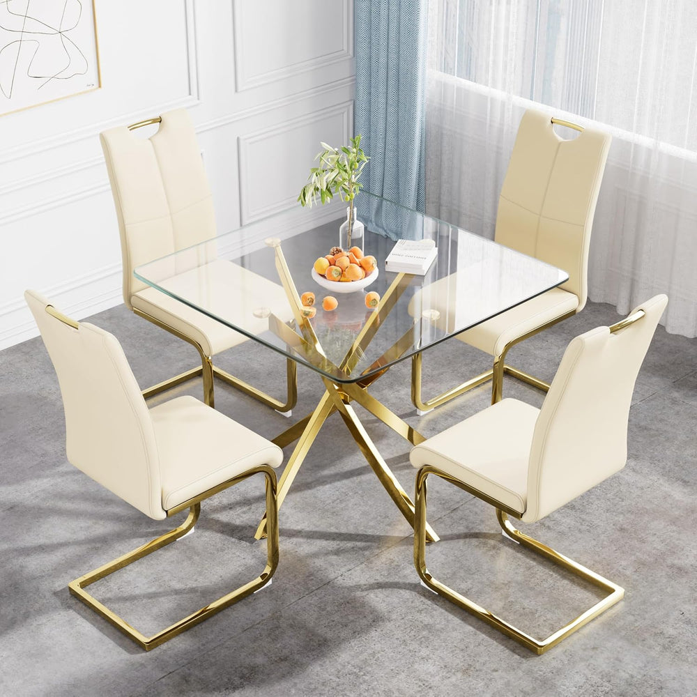 36 Inch Dining Table Set for 4, Modern Square Tempered Glass Top, Gold Finish...