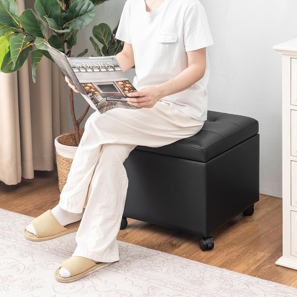 Adeco 17" Storage Ottoman Modern Tufted Faux Leather with Wheels, Black