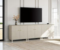 WAMPAT TV Stand Cabinets for 85+ Inches TVs, 3-in-1 Wood Entertainment Center with Doors and 9 Compartments, 106" Modern Media Console Table with Storage for Living Room Bedroom, Beige Faux Linen