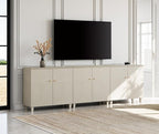 WAMPAT TV Stand Cabinets for 85+ Inches TVs, 3-in-1 Wood Entertainment Center with Doors and 9 Compartments, 106" Modern Media Console Table with Storage for Living Room Bedroom, Beige Faux Linen