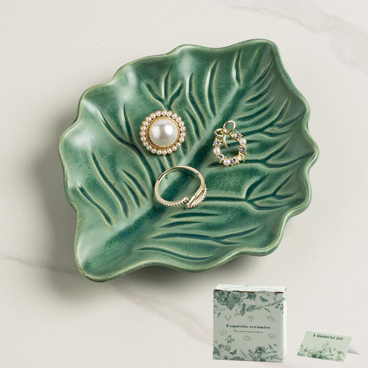 Reactive Glaze Leaf Ring Dish, Trinket Tray with Gift Box | Natural glaze variations make each piece unique, while the petite dish keeps rings, earrings, keys, and keepsakes visible