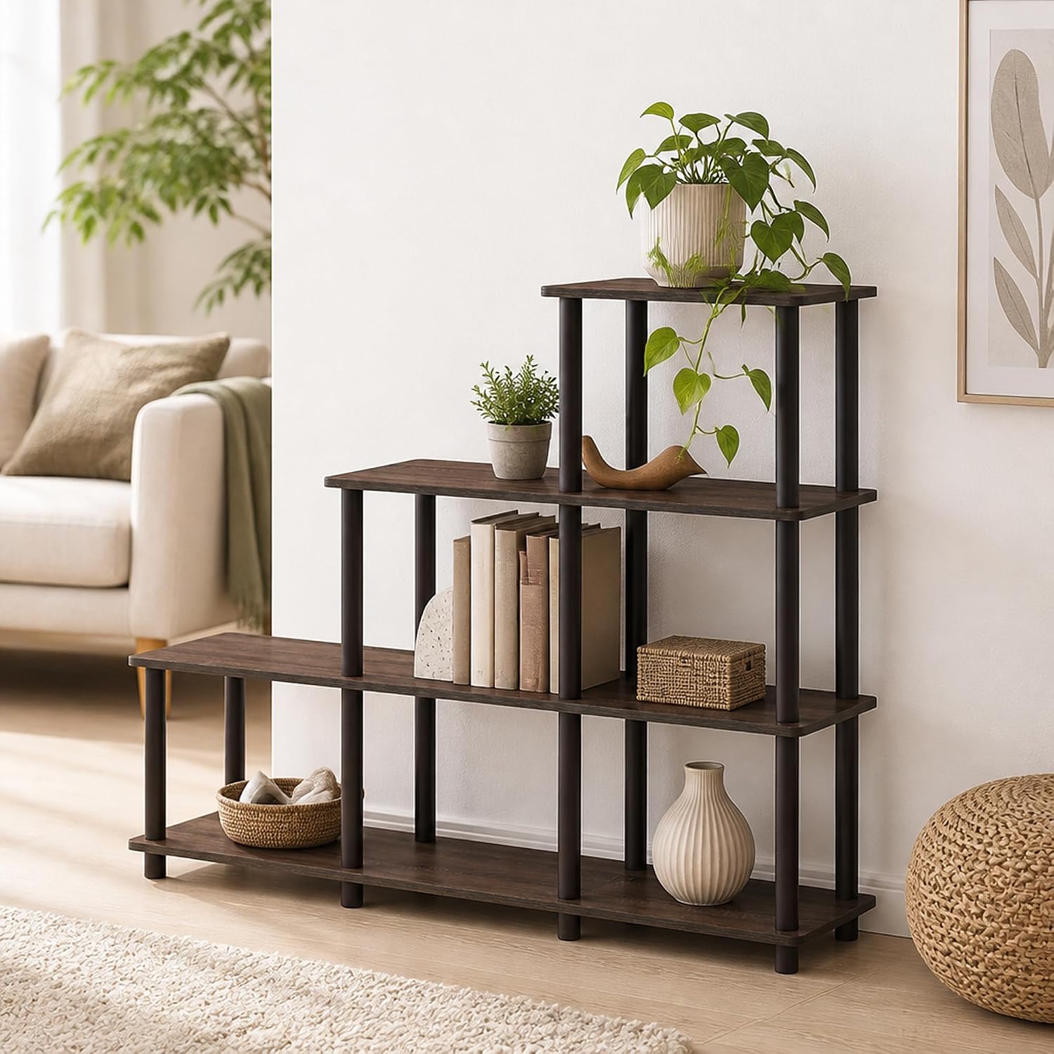 4-Tier Ladder Corner Shelf, 6 Cube Open Frame Book Shelf, Toolless Assembly Storage Shelves, Open Shelves for Organization and Storage, Garage, Home Office, Living Room, Walnut
