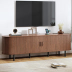 70.8" TV Stand with Power Outlet, Mid-Century Modern Television Stand, Fluted Media Console with Sliding Doors, Entertainment Center for TVs up to 60 Inch, Adjustable Shelves, Walnut