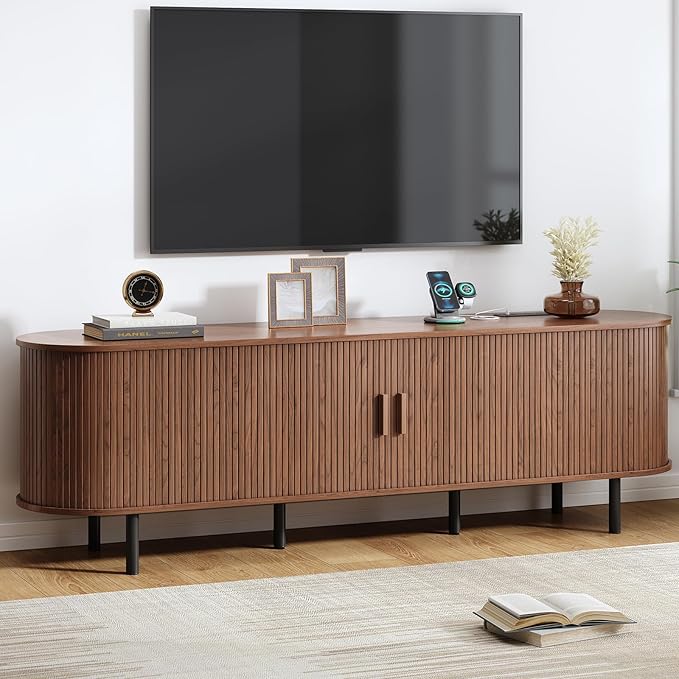 70.8" TV Stand with Power Outlet, Mid-Century Modern Television Stand, Fluted Media Console with Sliding Doors, Entertainment Center for TVs up to 60 Inch, Adjustable Shelves, Walnut