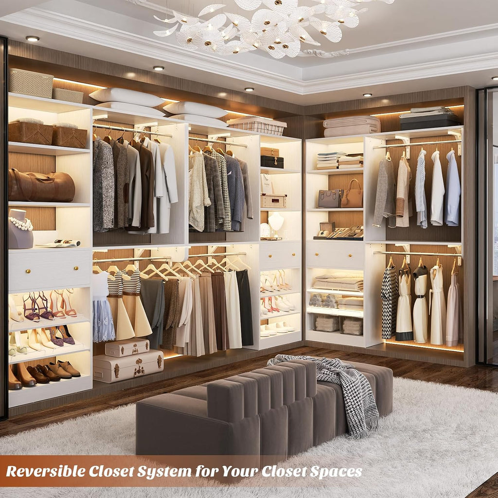 Closet System with Drawer - Reversible 5FT Wood Closet Organizer System with 2 Hanging Rods and Adjustable Shelf, Walk In Closet Organizers with Shoe Rack, Built-In Garment Rack Clothes Rack, White