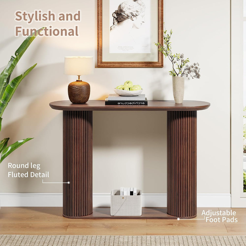AVZEAR Fluted Entryway Console Table with Storage Shelf, Oval Curved Mid Cent...