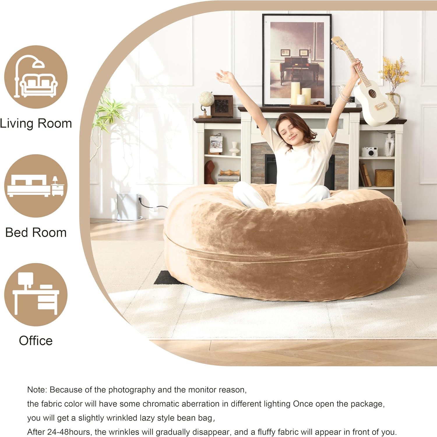 Bean Bag Chair for Adults Soft Comfy Bean Bag for Adults, Cozy Reading Chair, Large Round Bean Bag Couch, Versatile Living Room & Bedroom Chairs (Apricot, 5FT)