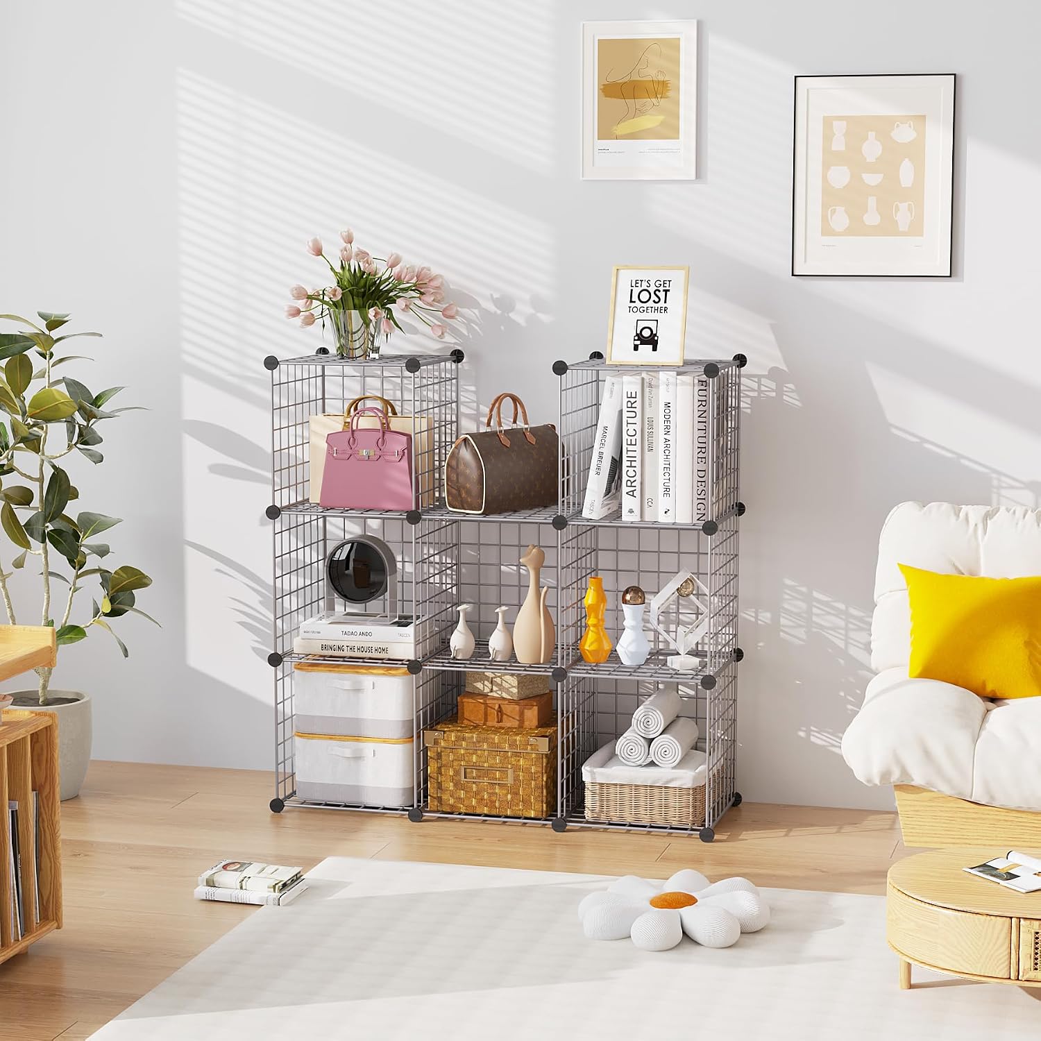 C&AHOME Wire Cube Storage, 9 - Cube Organizer Metal C Grids, Silver Gray | Modular Shelves Units, Closet Organizer, Storage Bins Shelving, Ideal for Home, Office, Living Room