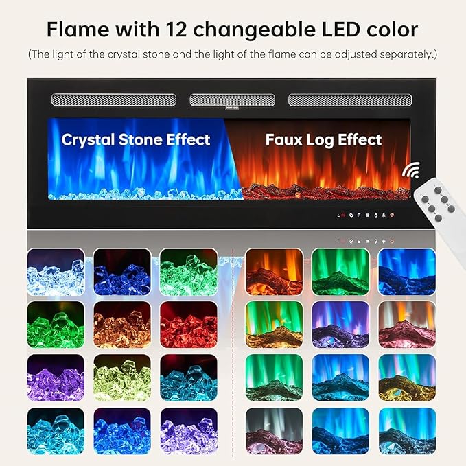 MXV 80'' Floating TV Stand with 40" Electric Fireplace, Modern Media Entertainment Center, TV Console Cabinet Wall Mounted with Adjustable 12-Color LED Lights, for Living Room, Black + Black