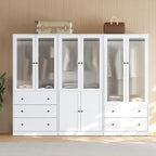 VOWNER 20“D Armoire Wardrobe Closet with Fluted Glass, 71" H Clothing Storage Cabinet with Hanging Rod, 4 Soft-Close Doors Wooden Wardrobe Cabinet for Bedroom, Large Capacity Storage White(CC)