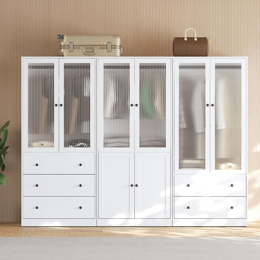 VOWNER 20“D Armoire Wardrobe Closet with Fluted Glass, 71" H Clothing Storage Cabinet with Hanging Rod, 4 Soft-Close Doors Wooden Wardrobe Cabinet for Bedroom, Large Capacity Storage White(CC)