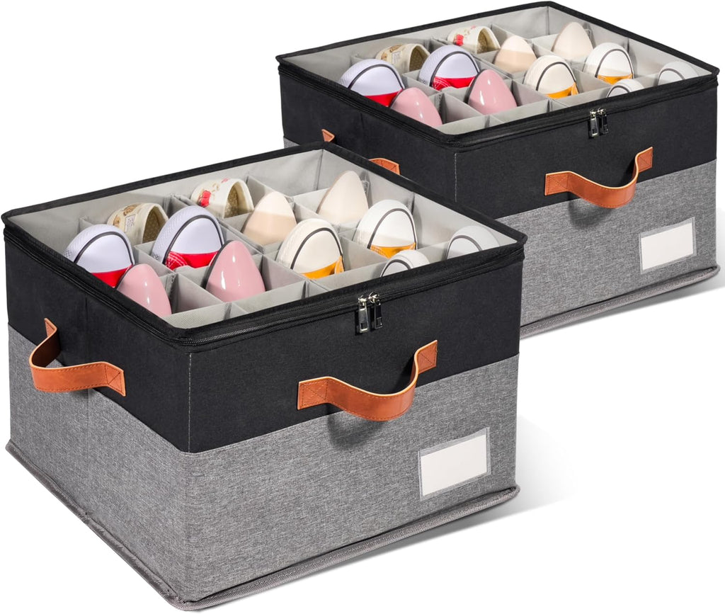 2 Pack Shoe Organizer for Closet with Adjustable Divider Shoe Storage Box | Fits 16-32 Pairs Stackable Foldable Shoe Bin with Clear Cover for Sneaker Boot Heel Sandal Dorm Space Saving Black and Grey
