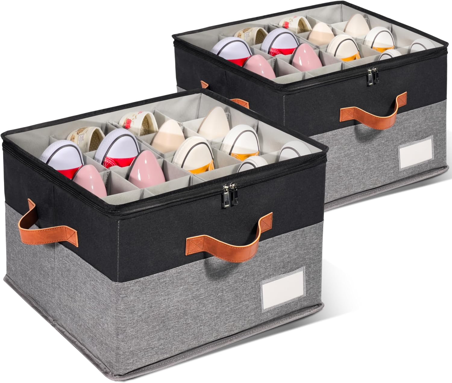 2 Pack Shoe Organizer for Closet with Adjustable Divider Shoe Storage Box | Fits 16-32 Pairs Stackable Foldable Shoe Bin with Clear Cover for Sneaker Boot Heel Sandal Dorm Space Saving Black and Grey