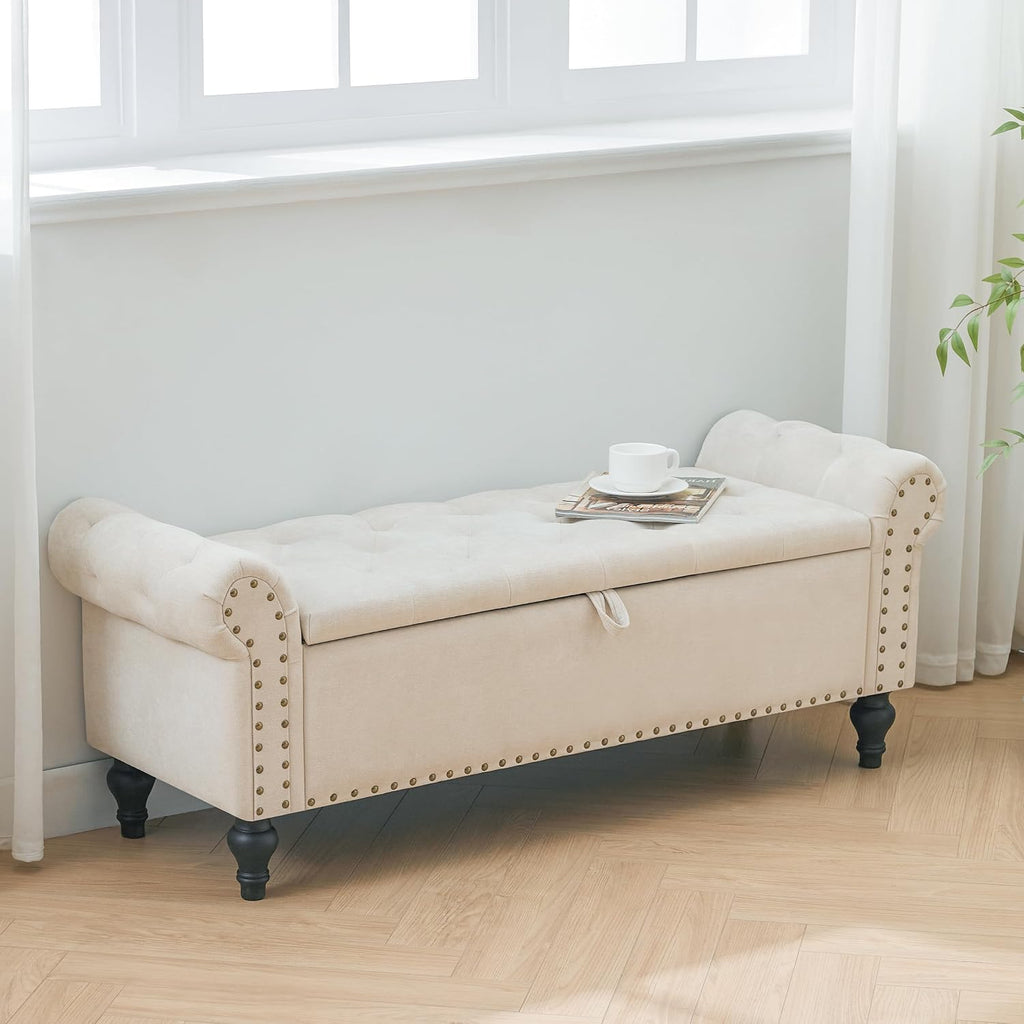 Howjoe 51" Bedroom Storage Bench, End of Bed Bench, Chenille Upholstered Benches, Ottoman with Storage, Window Benches with Rolled Arm and Nailhead Trim for Living Room, Entryway, Beige