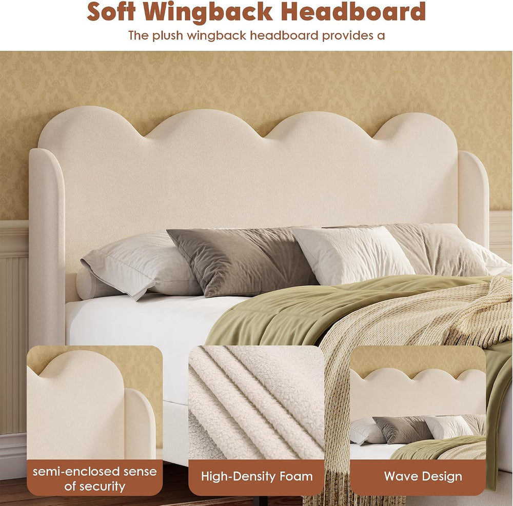 Garvee Chenille Upholstered Queen Bed Frame, Wingback Design, Beige