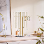 pickpiff Necklace Holder Jewelry Organizer Stand – 2‑Tier T‑Bar Jewelry Display Tree with Tray for Countertop Necklace Bracelet Earring Storage, Vanity Dresser Bathroom Sink, Gold