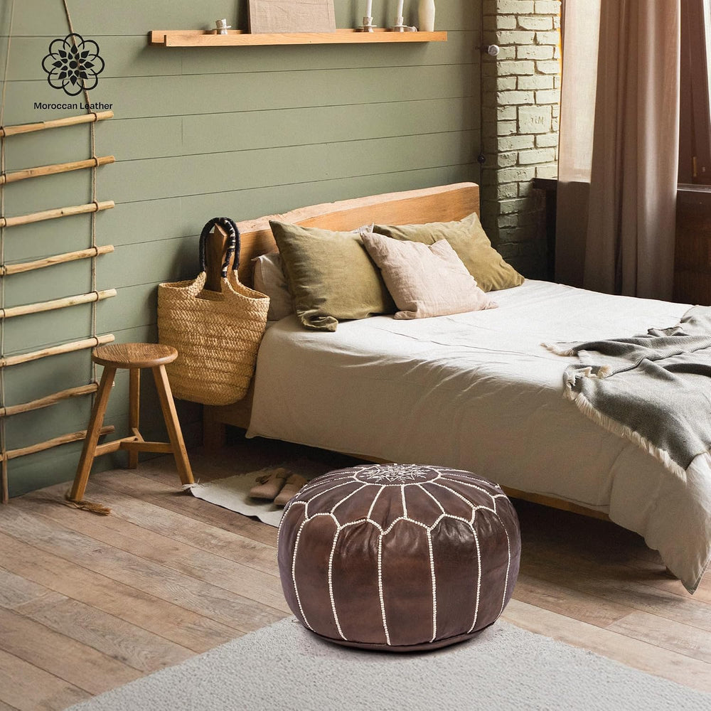 Moroccan Leather Handmade Pouf Ottoman Cover, Unstuffed Foot Stool, Round Boh...