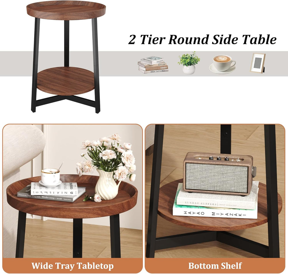 Industrial 2 Tier Round Side Table with Storage Shelf,Accent Tray End Table w...