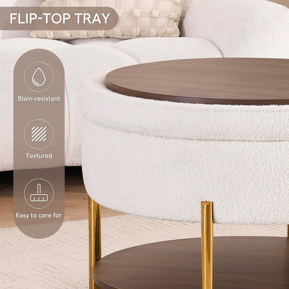 28.5 Inch Round Coffee Table Ottoman with Storgae, Modern Large Upholstered C...