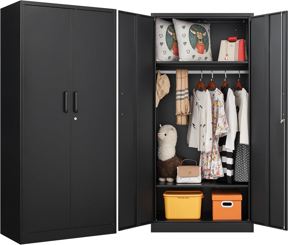 Metal Wardrobe Cabinet with Hanging Rod & Lock,Black Armoire Wardrobe Clo...