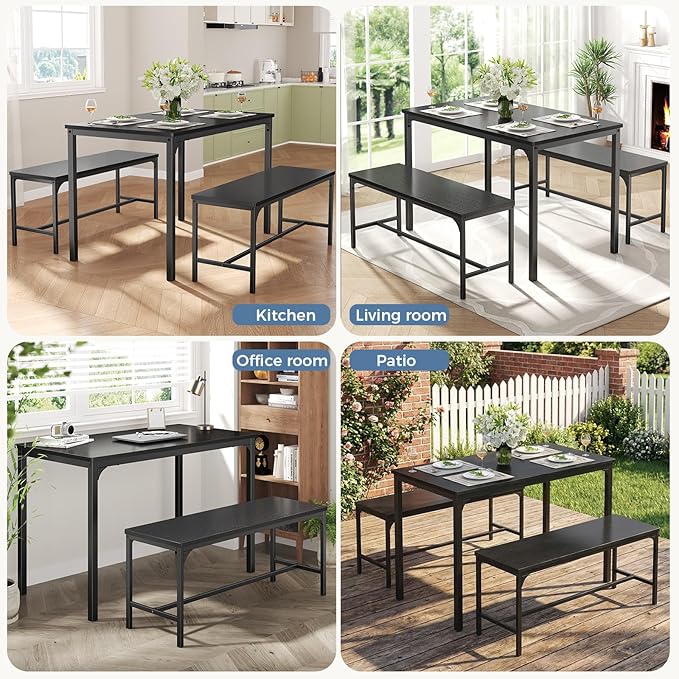 DUMOS Dining Table Set, Dining Table for 4 with Bench, Kitchen Table, Space-Saving Ideal 4-Person Set for Dining Room Kitchen Apartment Corner Black 3 Pack