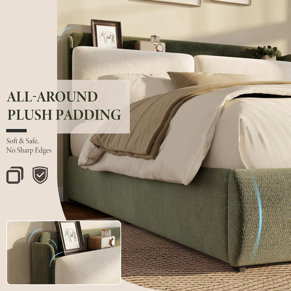 Garvee Queen Upholstered Bed Frame with Shelf & Drawers - Green & Beige