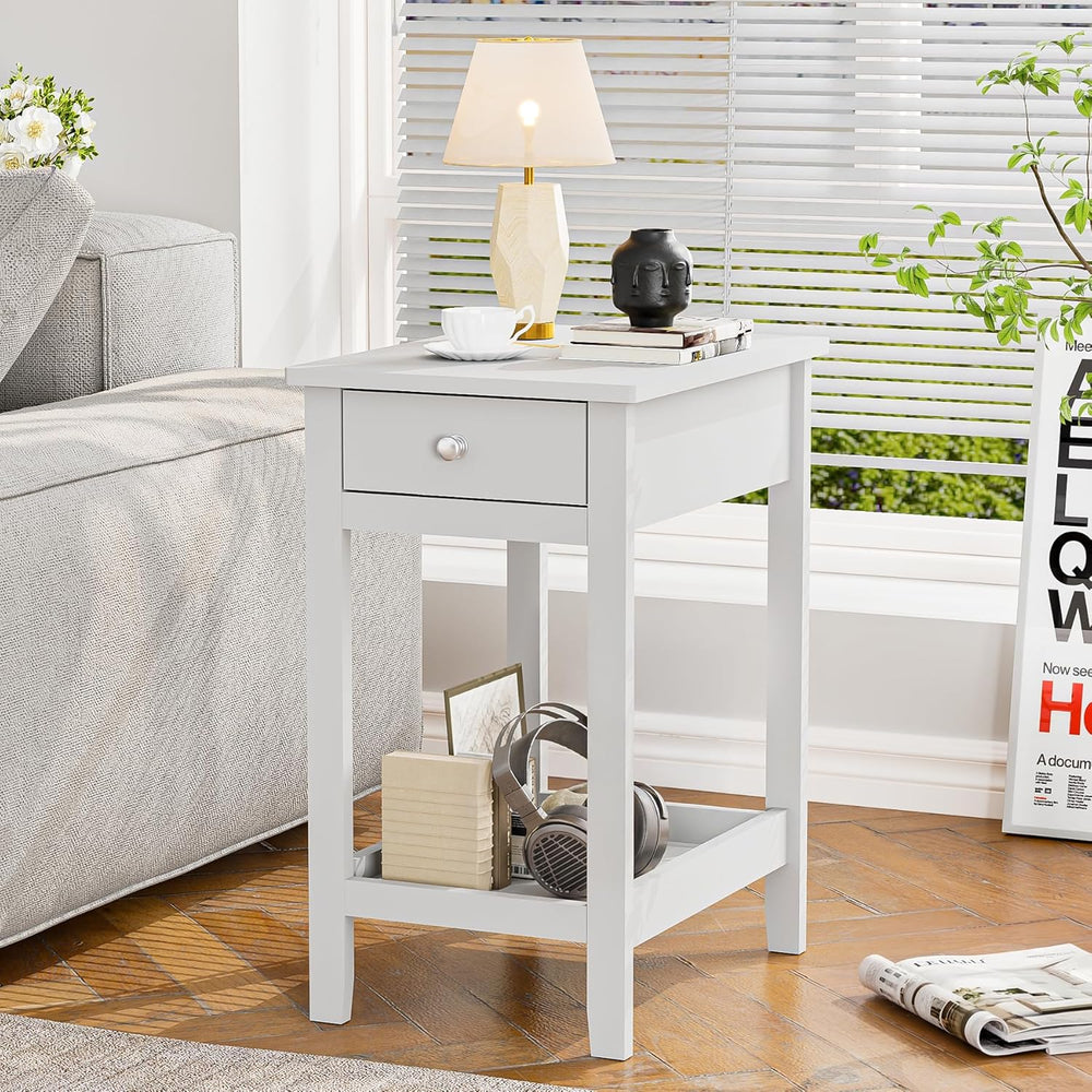 SEJOV End Table Set of 2, Narrow Night Stand with Drawer and Shelves, 2-Tier ...
