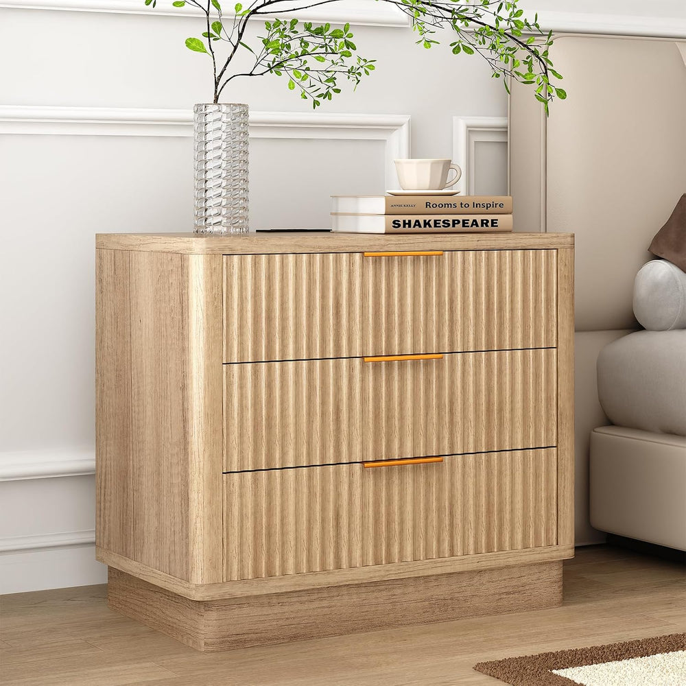 ELYKEN 24" Nightstand with 3 Drawers & Outlet, Fluted End Table Natu...