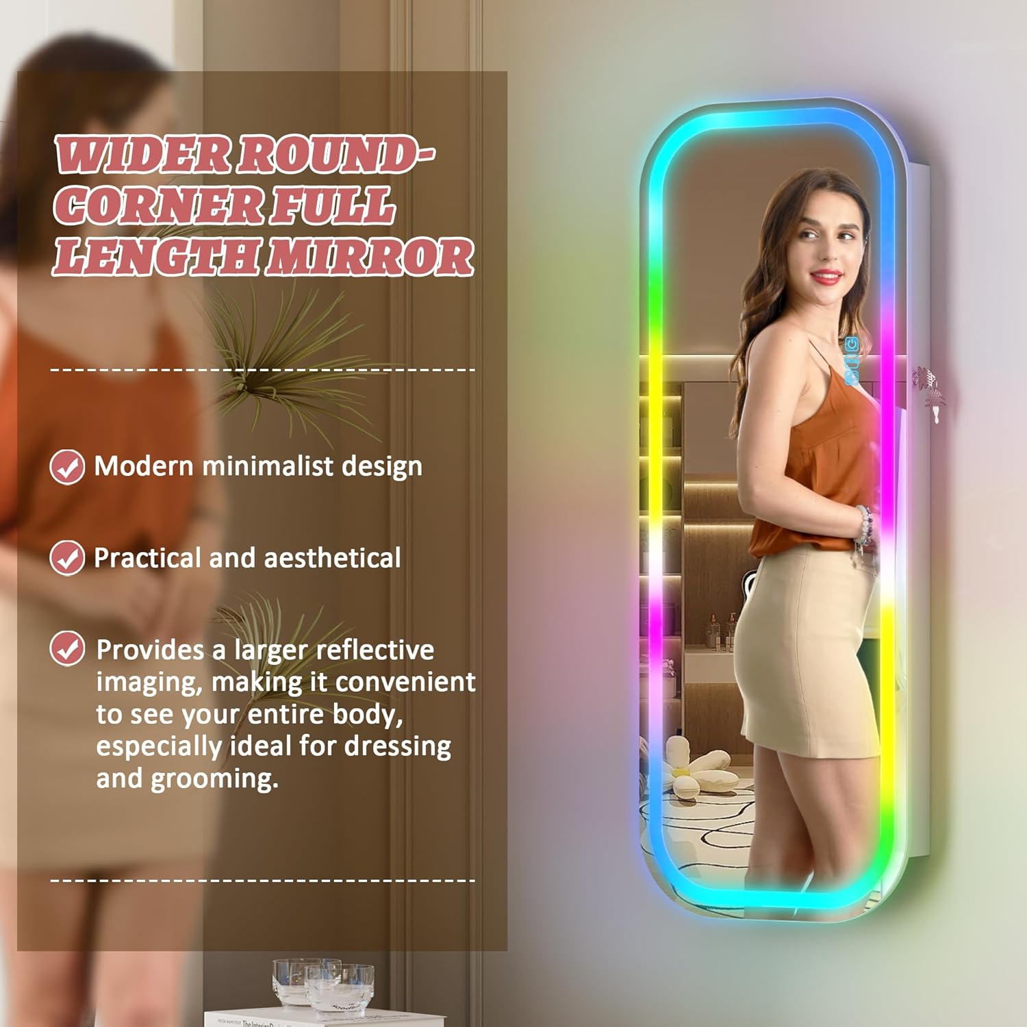 LVSOMT Round Mirror Jewelry Cabinet Door Hang, Jewelry Armoire with Mirror Wall Mounted, Hanging Mirror Jewelry Organizer, Full Length Mirror with Jewelry Storage, RGB Lights