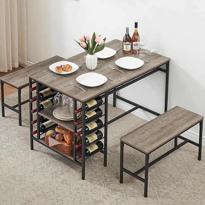 Dining Table Set for 4, Kitchen Table Set for 4 with 2 Benches, 3 Piece Dining Room Table Set for Small Space Apartment, Grey