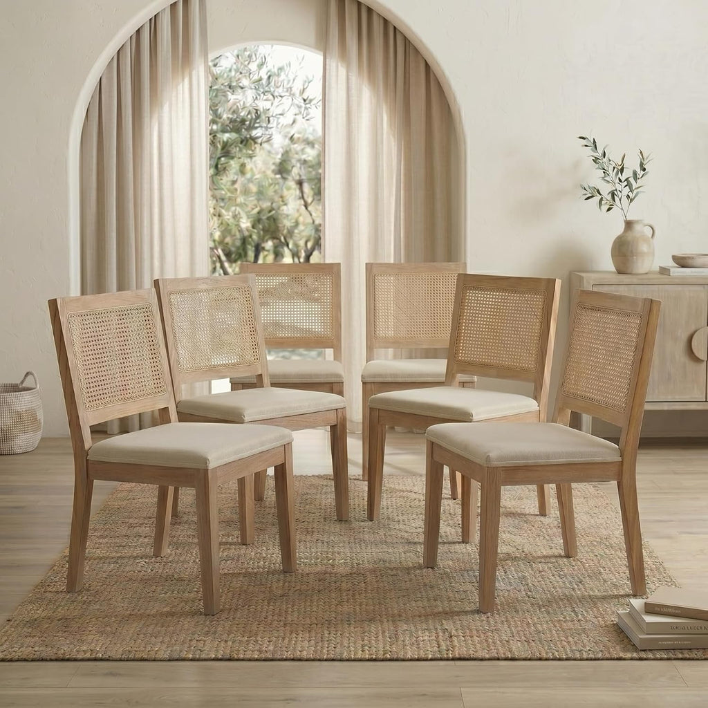 French Country Dining Chairs Set of 6, Beige Modern Kitchen & Dining Room Chairs, Rattan Dining Chair with Linen Upholstered Cushion, Low Cane Back, Wood Legs, Sillas de Comedor (Beige, 6 Pcs)
