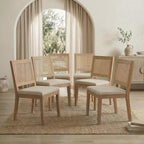 French Country Dining Chairs Set of 6, Beige Modern Kitchen & Dining Room Chairs, Rattan Dining Chair with Linen Upholstered Cushion, Low Cane Back, Wood Legs, Sillas de Comedor (Beige, 6 Pcs)