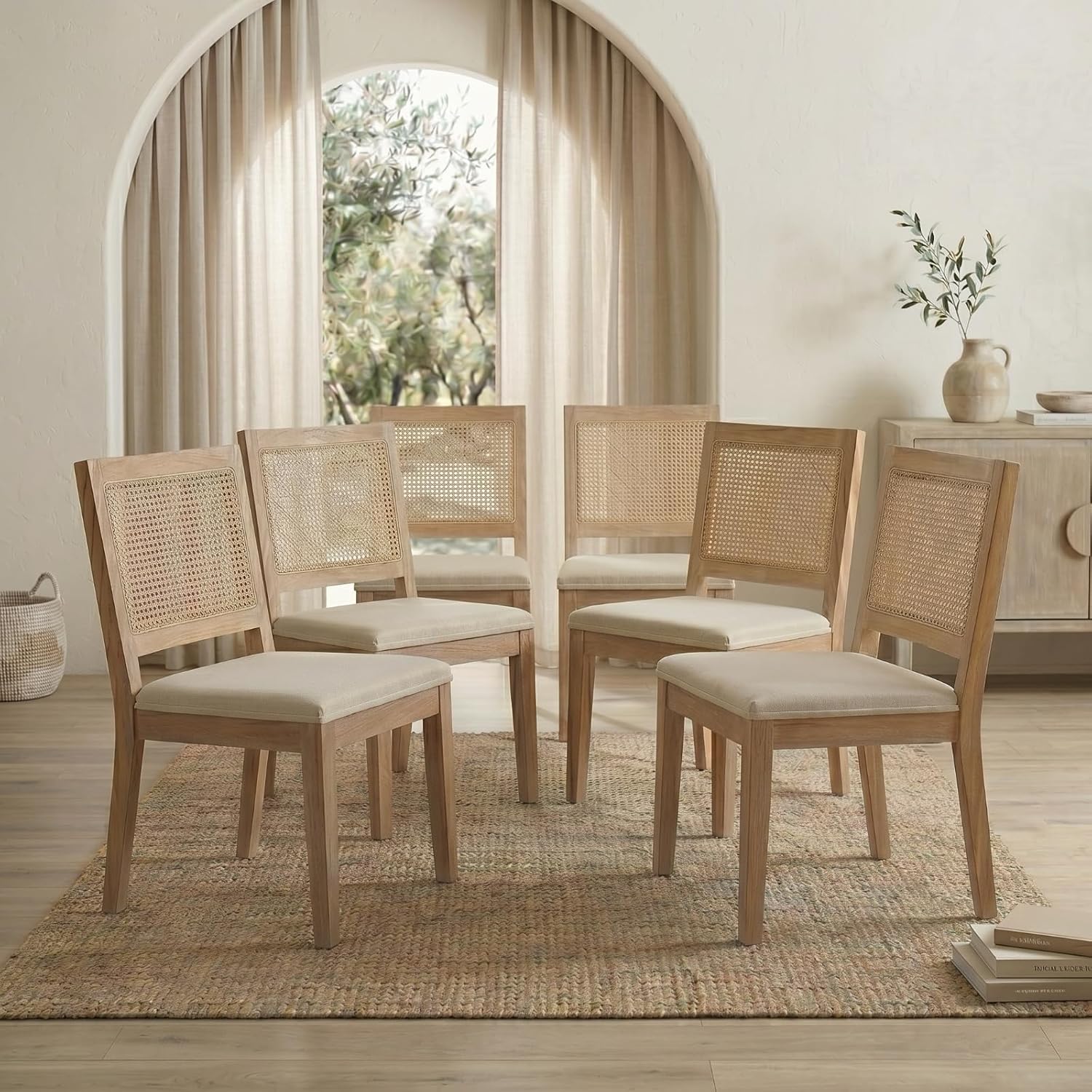 French Country Dining Chairs Set of 6, Beige Modern Kitchen & Dining Room Chairs, Rattan Dining Chair with Linen Upholstered Cushion, Low Cane Back, Wood Legs, Sillas de Comedor (Beige, 6 Pcs)