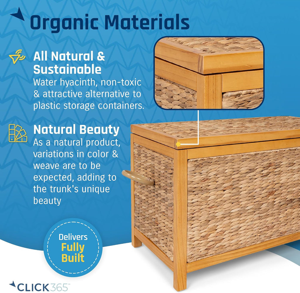 Click365 Wilson Wicker Storage Trunk with Lid, 30 Inch Handwoven Water Hyacinth Storage Chest with Acacia Wood Frame, Farmhouse Blanket Basket for Living Room, Bedroom or Entryway, Natural Brown