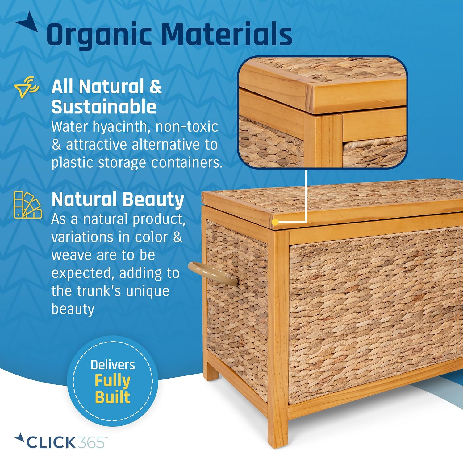 Click365 Wilson Wicker Storage Trunk with Lid, 30 Inch Handwoven Water Hyacinth Storage Chest with Acacia Wood Frame, Farmhouse Blanket Basket for Living Room, Bedroom or Entryway, Natural Brown