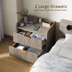 Fluted Nightstand Set of 2, 23.6" Modern Night Stand with Charging Station, Bedside Table with 2 Drawers, Modern Wood Night Stand Set 2 for Bedroom, Living Room, Grey