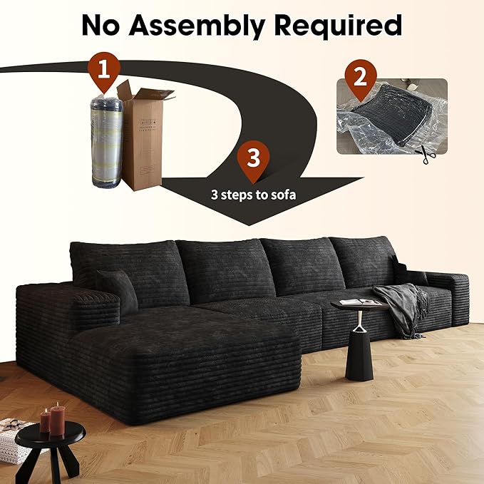 135" Oversized Compressed Sectional Sofa - 33D High-Density Foam Cloud Couch with Deep Seat - Minimalist 3-Piece Corduroy Upholstered Boneless Modular Lounge Couch | Breathable material, Full Foam, Anti-slip