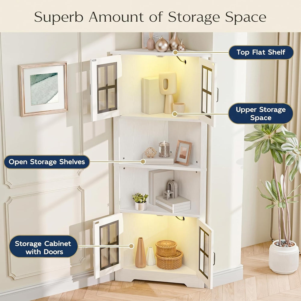 Corner Cabinet with Glass Doors and LED Lights, 67" Tall Corner Pantry C...