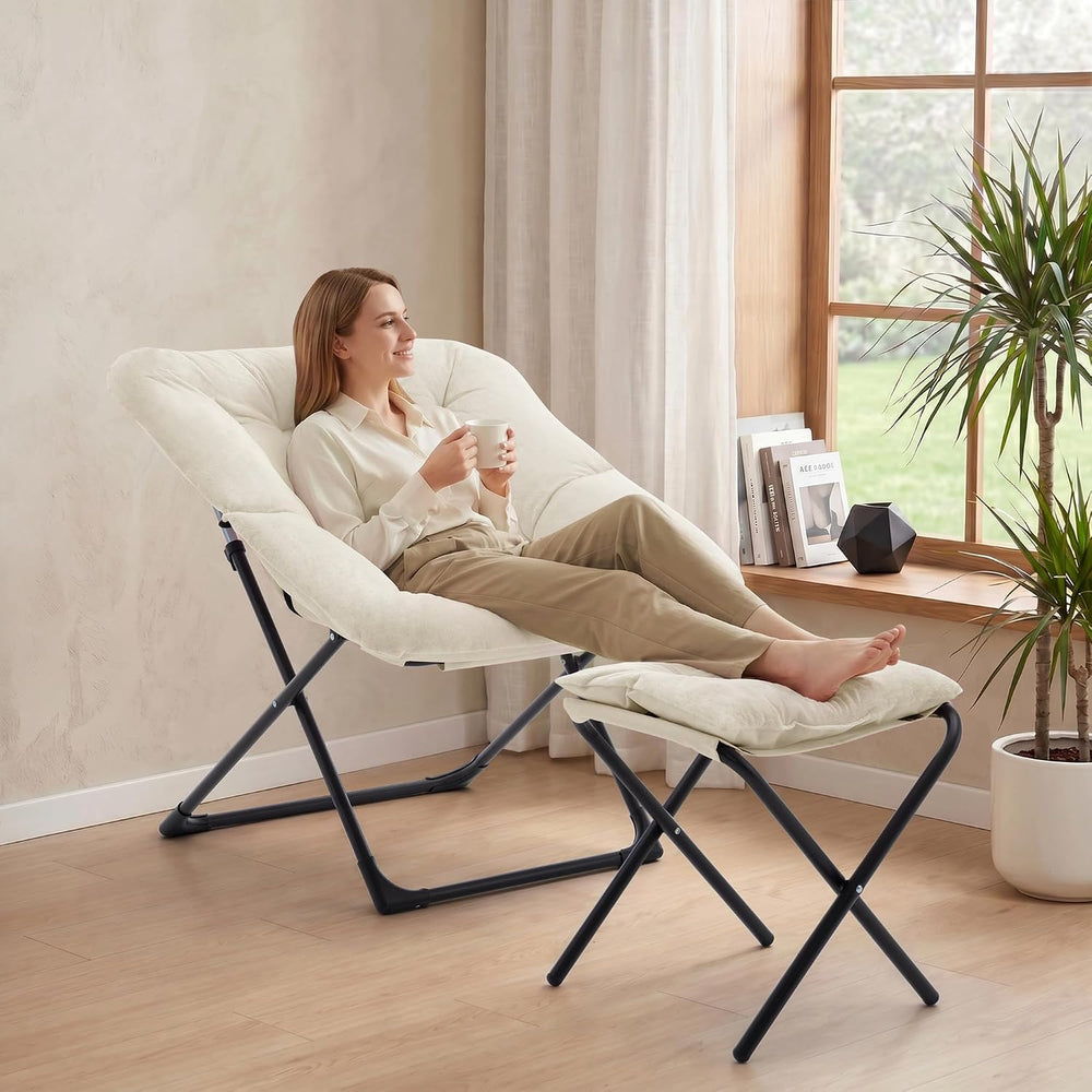 Saucer Chair with Ottoman, Foldable Living Room Chairs, Faux Fur Comfy Readin...