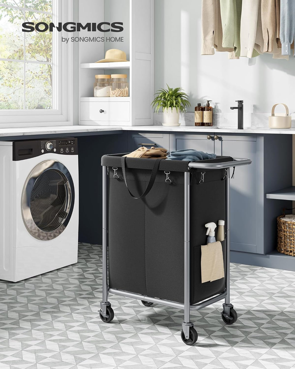 SONGMICS Laundry Basket with Wheels, 2-Section Rolling Laundry Hamper, 37 Gallons (140 L), Removable Liner, Steel Frame with Handle, 27.2 x 15.4 x 31.9 Inches, Ink Black URLS004B01