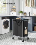 SONGMICS Laundry Basket with Wheels, 2-Section Rolling Laundry Hamper, 37 Gallons (140 L), Removable Liner, Steel Frame with Handle, 27.2 x 15.4 x 31.9 Inches, Ink Black URLS004B01