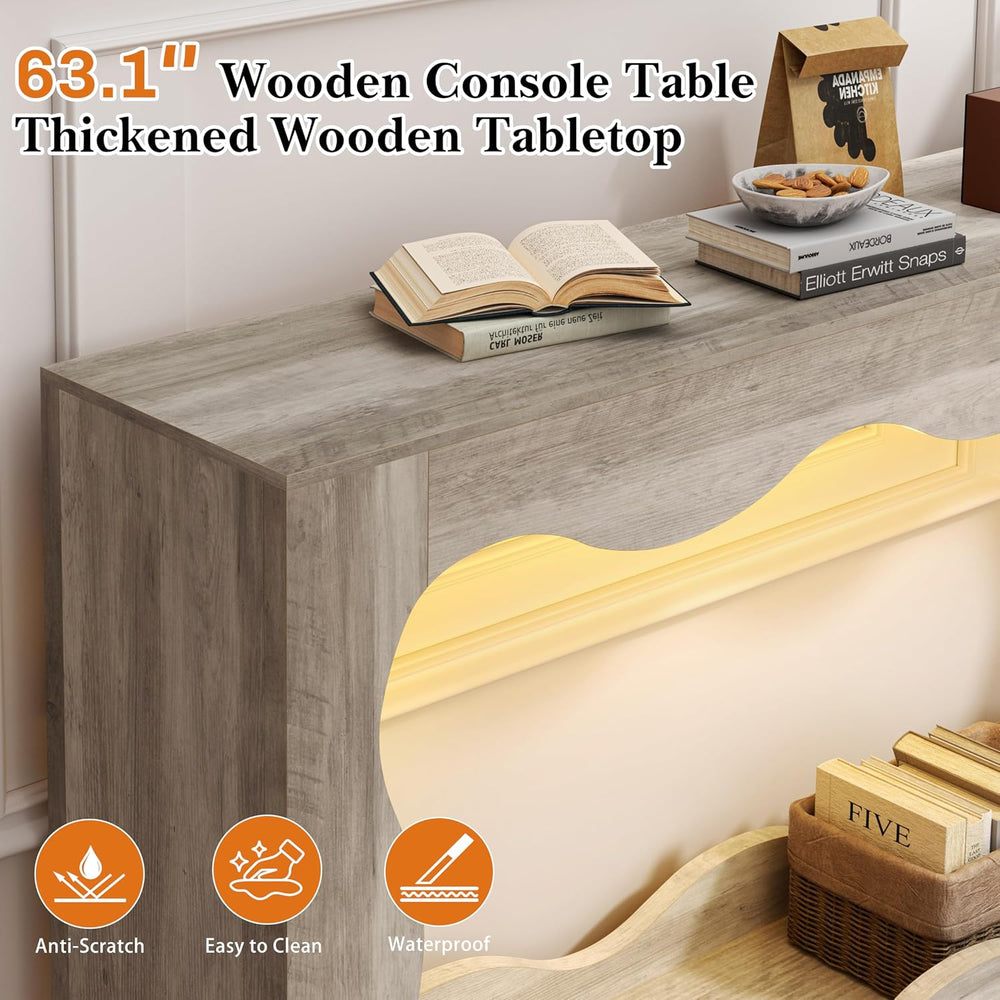 Vongrasig 63-Inch Farmhouse Entryway Table with Light Strips, Scalloped Conso...