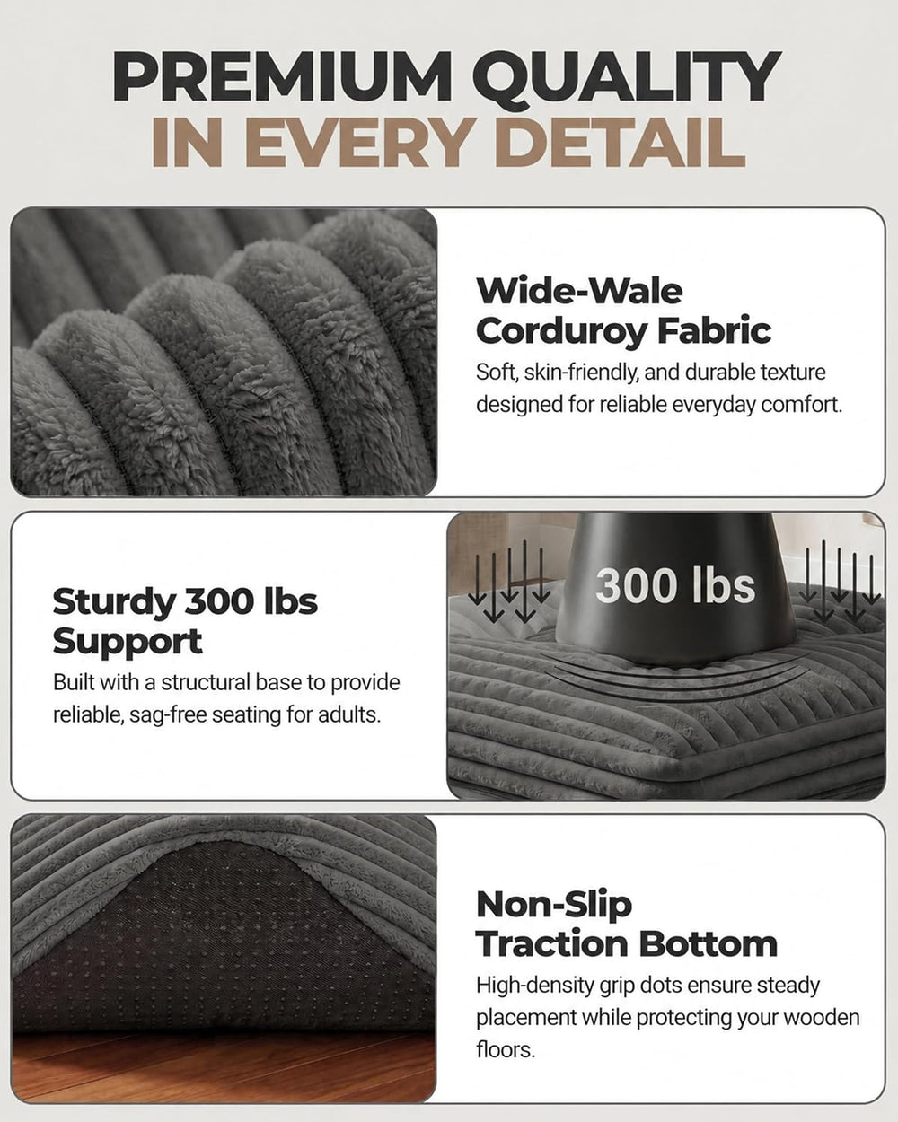 23.6in Pouf Ottoman, Corduroy Footstool Foot Rest Floor Seating | Dual-layer ...