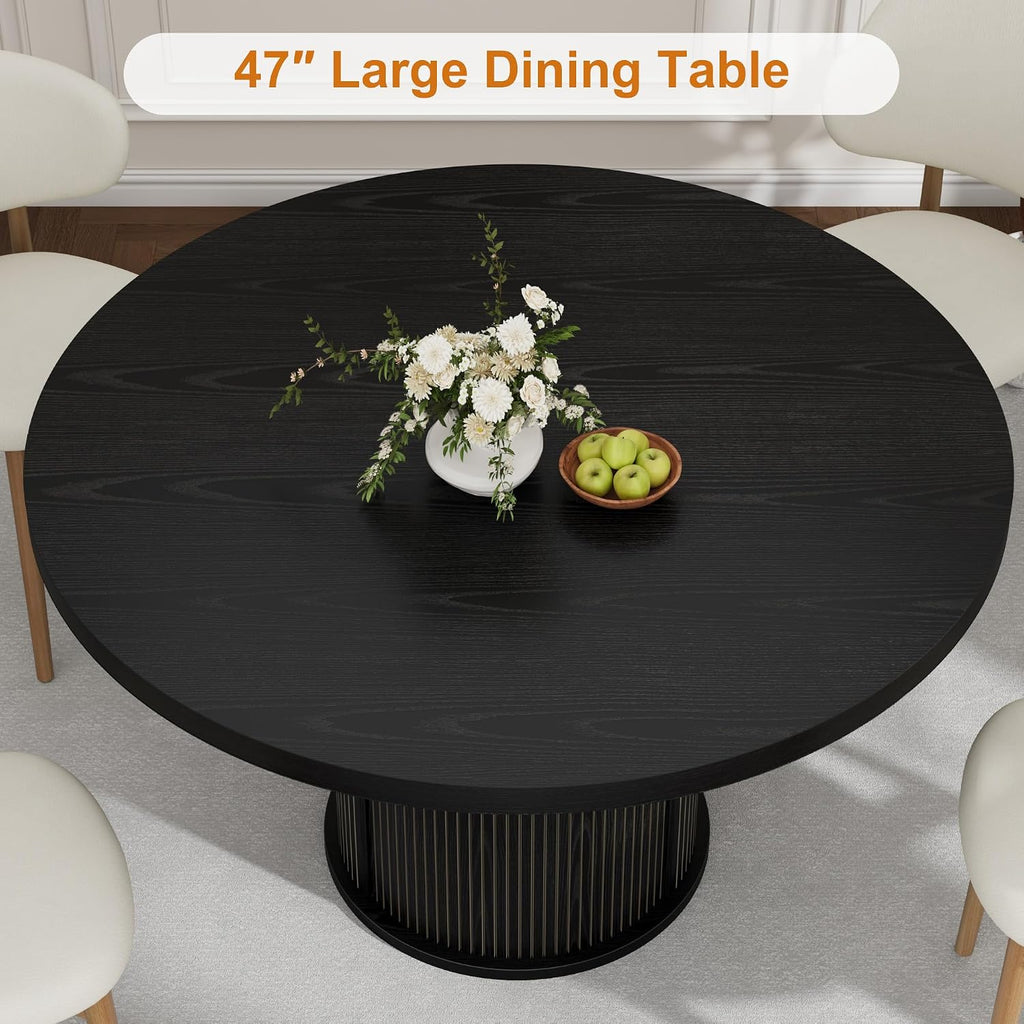 IDEALHOUSE 47" Round Dining Table for 4-6, Modern Farmhouse Kitchen Table | Wooden Accent Furniture with 2-Layer Storage Shelf & Drawer, Circle Dining Tables with Fluted Pedestal Base, Black